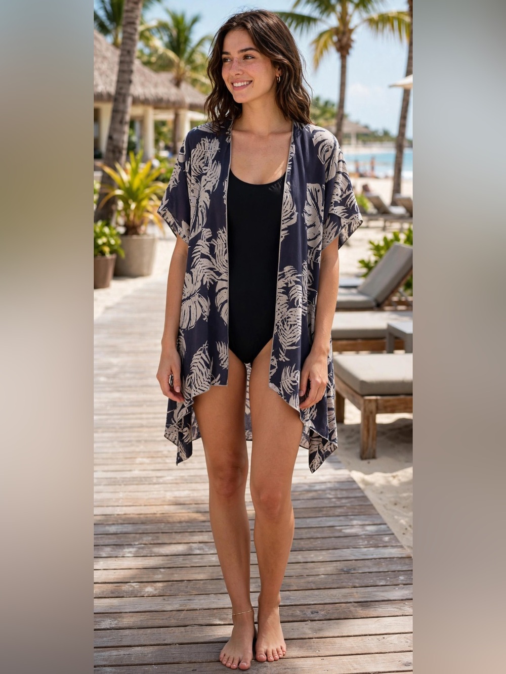 Jasmine Navy and Cream/Grey Leaf-Print Open Front Tunic